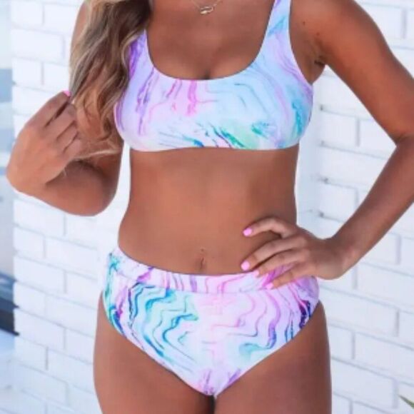 ENVYA SIZE LARGE MARBLE 2 PIECE BIKINI HIGH WAISTED TANK - Picture 1 of 7